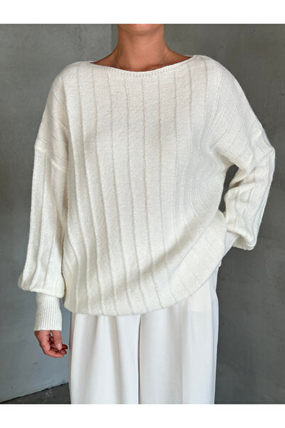 My Blog Ecru Corded Fabric Boat Neck Sweater - 231165
