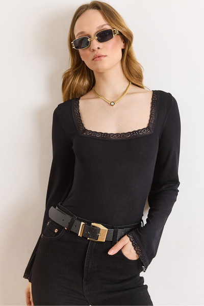 Olalook Women's Black Square Collar Lace Detailed Flexible Soft Touch Blouse ...