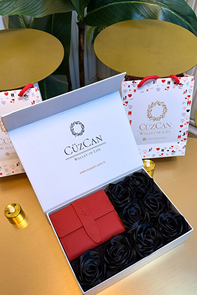 CüzCan Premium Gift Rose Box - Lily Red Genuine Leather Wallet Black Rose Box