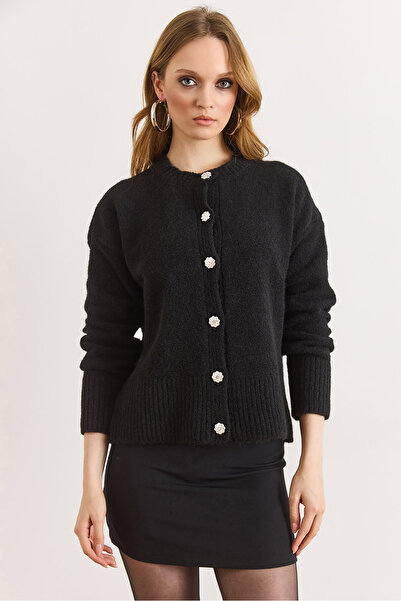 Olalook Women's Black Stone Button Detailed Soft Textured Knitwear Cardigan H...