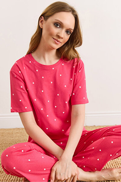 Olalook Γυναικείο κοντομάνικο σετ από 100% βαμβάκι σε χρώμα φούξια καρδιά PJM...