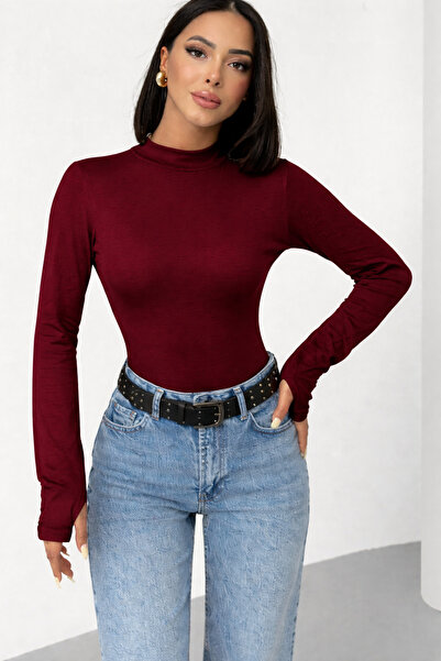 BEGBOR COLLECTİONS Burgundy Ankle-To-Finger Women's Basic Bodysuit
