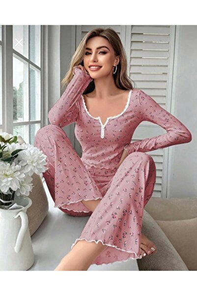 KIZIL GECE FİTİLLİ ÇİÇEKLİ PİJAMA TAKIMI