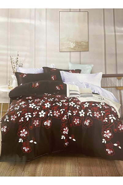 trendyhome Bed linen 2 persons, Fine Cotton, Flowers, Black/Red/White, 6 Pieces