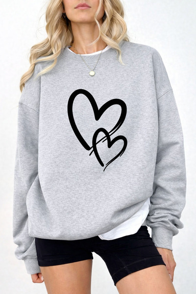 Pink Sky Unisex oversized Βαμβακερό με τύπωμα Φούτερ με Σχέδιο Καρδιάς