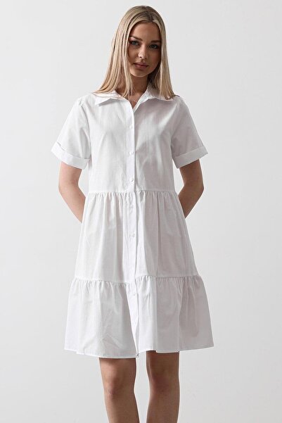 Trend Alaçatı Stili Women's White Short Sleeve Buttoned Dress Vs00439