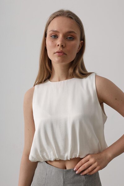 Trend Alaçatı Stili Women's Ecru Satin Sleeveless Blouse with Elastic Waist V...