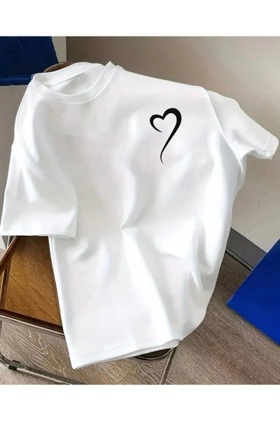 FUFLUNS Half Heart Small Print Oversized Crewneck T-Shirt