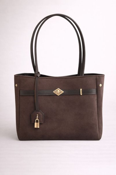 ROYAL LADYS Large Size Suede Women's Bag - Lined, Gold Lock Detailed Shoulder Bag