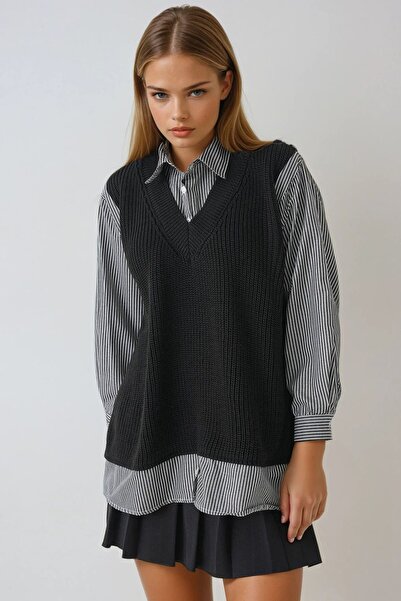 Trend Alaçatı Stili Women's Black Shirt Detailed V-Neck Knitwear Sweater Blou...