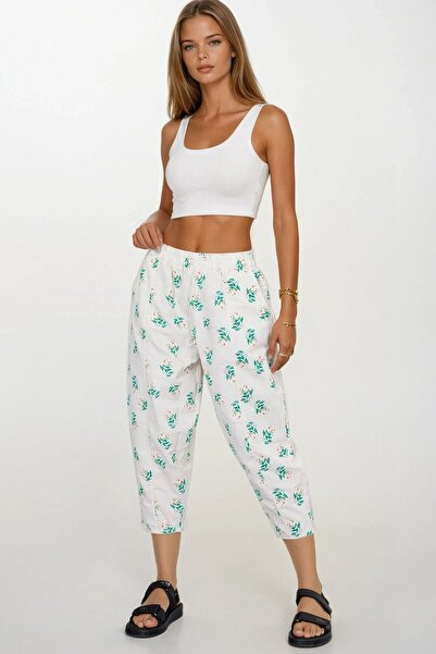 Trend Alaçatı Stili Women's Green Elastic Waist Patterned Linen Trousers Vs00372