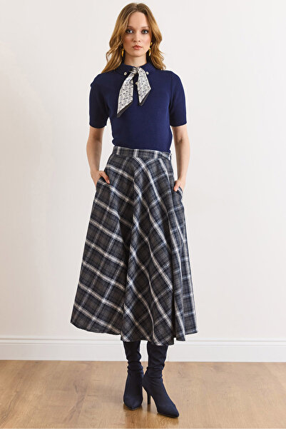 Olalook Women's Anthracite Plaid Bell Skirt with Zipper Pockets Etk-19000396