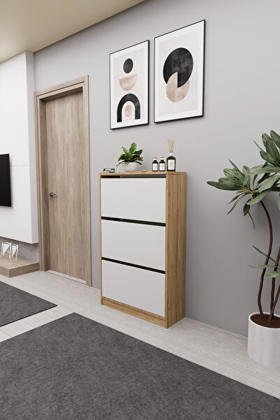 Mirobi Kembe 3 Bölmeli Açılır Modern Dekoratif Ayakkabılık Çam - Beyaz