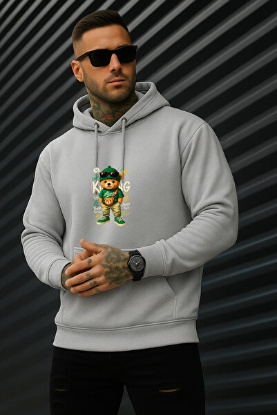 INFLUYENTE Men's Winter Bear King Printed Cotton Sweatshirt with Hooded Kanga...