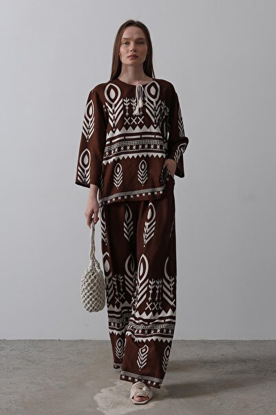 Trend Alaçatı Stili Women's Brown Printed Tassel Detailed Suit Vs00591