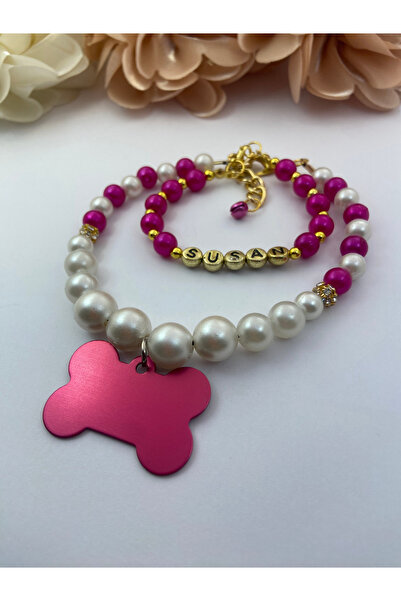 Store İsimli kedi ve köpek tasma kolye ve bileklik seti pembe krem inci boncu...