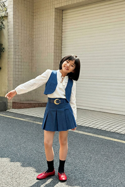 Magu Girl's Cotton Navy Blue Vest Set Pleated Skirt Set - 3-Piece Set Includi...