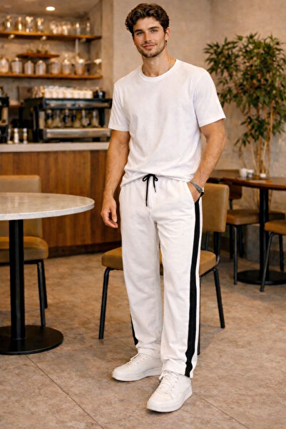 Tarz Cool Men's White Striped Sweatpants Lace-Up Baggy Relaxed Fit Casual Spo...