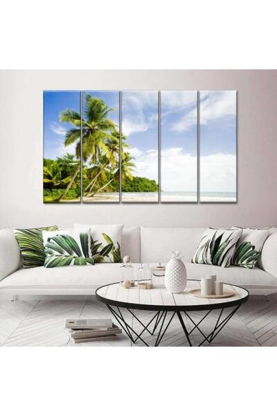lawhat لوحة فنية طبيعية متعددة القطع تُجسّد مشهد شاطئي هادئ بأشجار النخيل الخ...