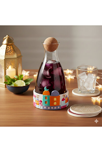casa rosa Glass Jug for Juice with Ramadan base with light coming through