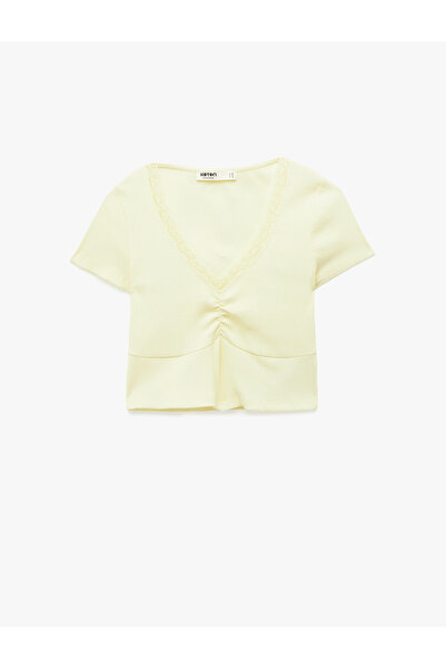 Koton Slim Fit V-Neck Short Sleeve T-Shirt with Gathered Lace Detail