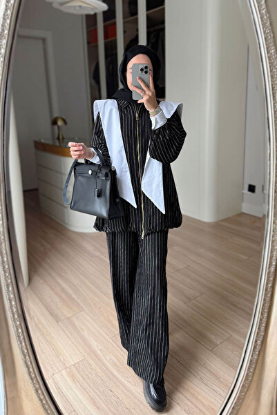 Ka Hijab Striped Suit with Scarf Detail - Black