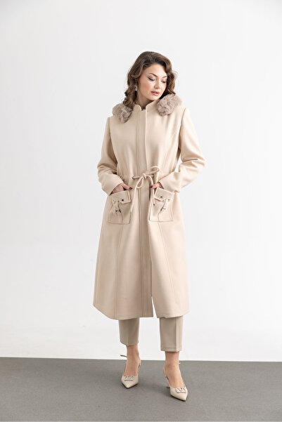 TUĞBA ERGÜL Women's Hooded Long Cashmere Coat