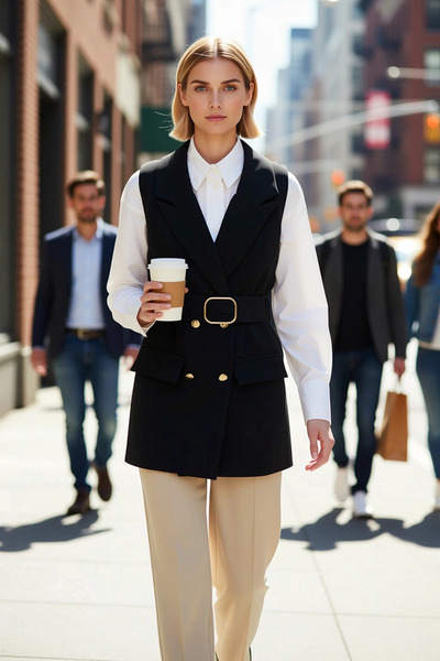 BENERLY Women's Jacket Lapel Collar Sleeveless Woven Vest Buttoned Belted Reg...