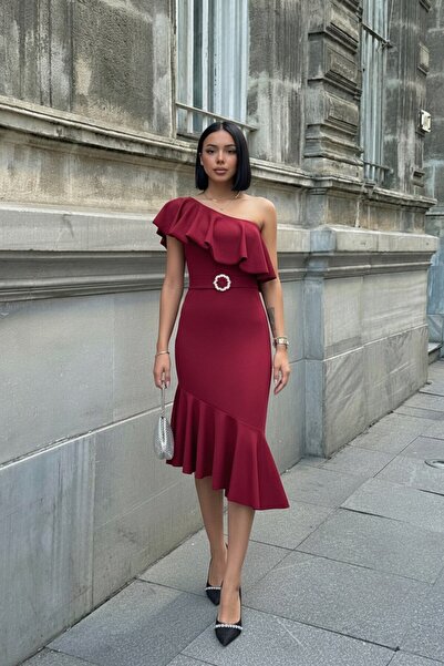 ALFUDO Moda Collection One-Shoulder Midi Dress with Flywheel Detail