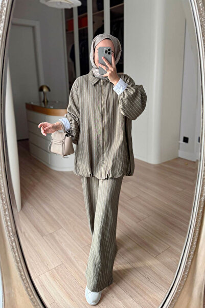 Ka Hijab Striped Suit with Scarf Detail - Khaki