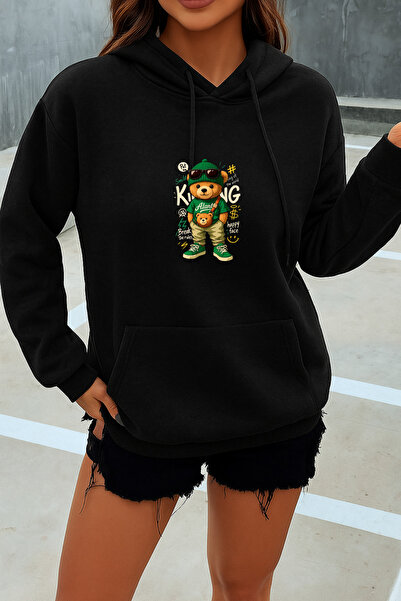 INFLUYENTE Γυναικείο χειμερινό βαμβακερό φούτερ με στάμπα Bear King, με κουκο...