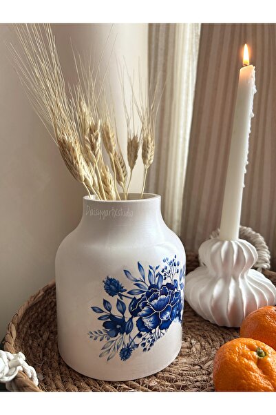 Daisyyartxstudio Mavi çiçek desenli vazo & kaşıklık & düzenleyici taş tozu / ...