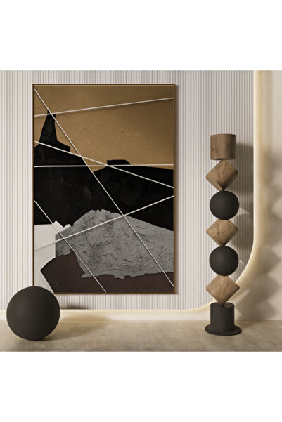 lawhat لوحة تجريدية فاخرة بتدرجات الأسود والذهبي والخطوط الهندسية – ديكور مود...