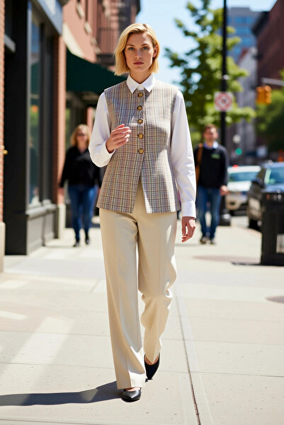 BENERLY Women's Plus Size Crew Neck Sleeveless Woven Polyviscon Vest Plaid Ch...