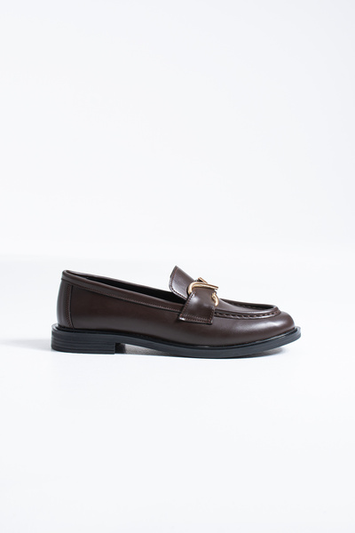 DESPİNA Ti̇ta Women's Black Leather Gold Buckle Detail Loafer Shoes – Classic & Modern Office Elegance