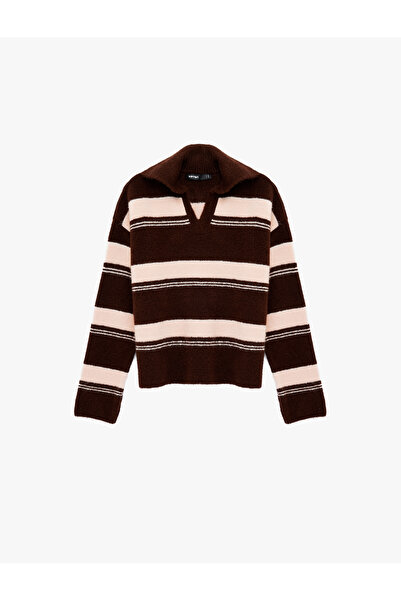 Koton Turn-Down Collar Long Sleeve Striped Oversized Knitwear Sweater