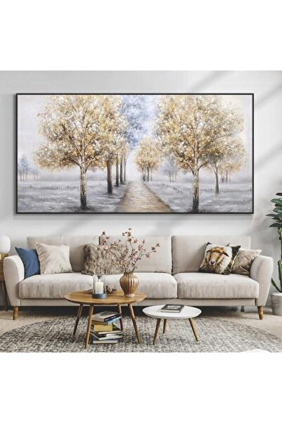 lawhat وحة فنية طبيعية أنيقة تُجسّد طريقًا هادئًا تحيط به الأشجار بألوان ذهبي...