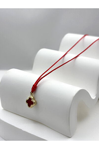DİAMİNE PIRLANTA 14 Ayar Altın Kırmızı Yonca İpli Kolye Sevgililer Günü Hediyesi