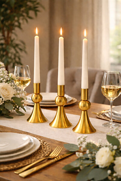 EvLight 3’Lü Mini Gold Şamdan Mumluk