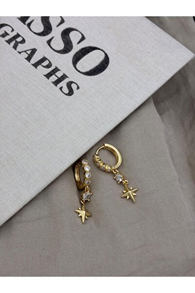 Hedef Bijuteri Gold Color Zircon Stone North Star Dangle Hoop Earrings Cm196