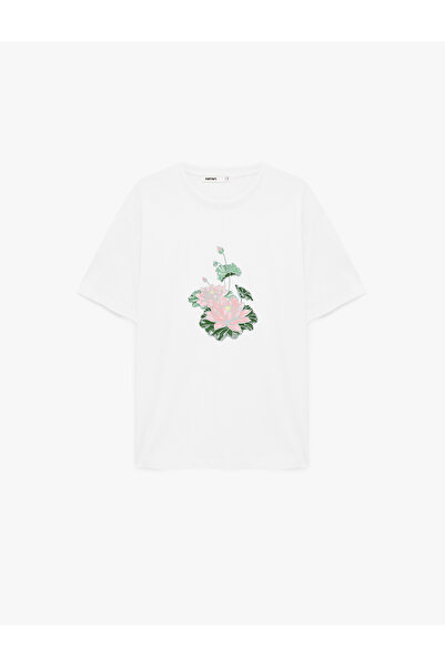 Koton Cotton Short Sleeve Crew Neck Lotus Flower Printed Oversized T-Shirt