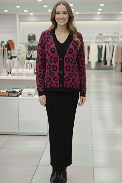 Swana Women's Leopard Pattern Cardigan Standard Knitwear Dress