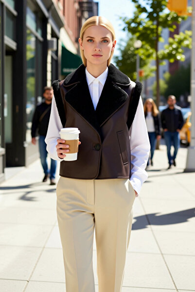 BENERLY Women's Regular Fit Shirt Collar Sleeveless Woven Plush Detailed Vest...