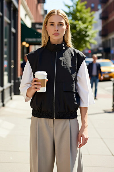 BENERLY Жіночий великий розмір, високий комір, без рукавів, на блискавці, тка...