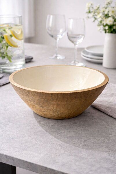 NEWNOW Mango Wood Enamel Coated Bowl 25 cm – Natural Wood Serving & Presentat...