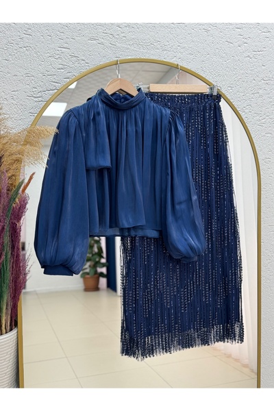 MİHRA STORE Ada Balon Puff Sleeve Skirt Sequined Shirt Janjan Set-Ge807 Navy ...