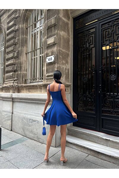 Esinty Trendy Women's Cross Strap Chest Detail Scuba Crepe Flared Mini Dress