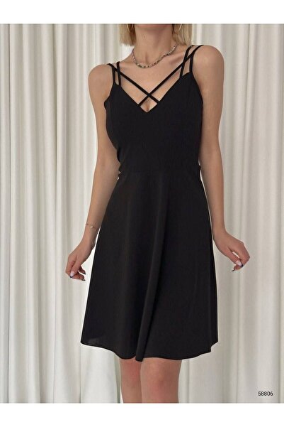 Esinty Trendy Women's Cross Strap Chest Detail Scuba Crepe Flared Mini Dress