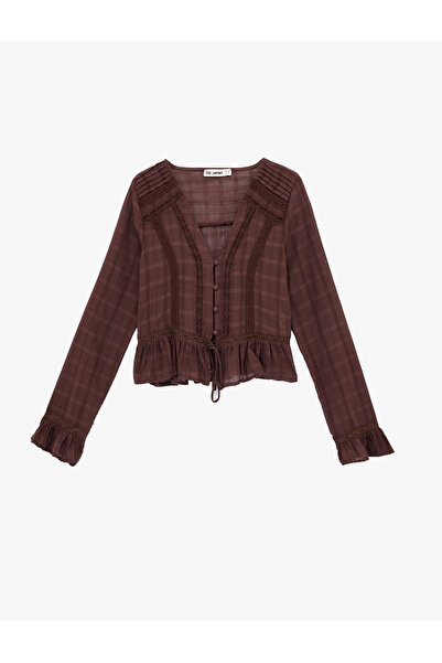 Koton Long Sleeve V-Neck Blouse with Buttoned Tie Detail