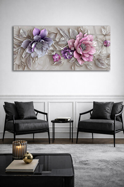 Olinpa KIRILMAZ CAM DUVAR SAATİ , HEM TABLO HEM SAAT 3D ÇİÇEK KABARTMA PASTEL...